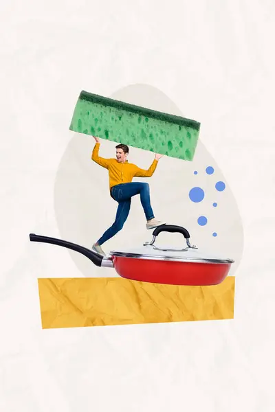 Imagem Colagem Criativa Vertical Jovem Engraçado Segurar Esponja Lavagem Frigideira — Fotografia de Stock