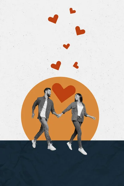 Verticale Afbeelding Brochure Collage Van Vrolijke Geëmailleerde Mensen Wandelen Valentijnsdag — Stockfoto