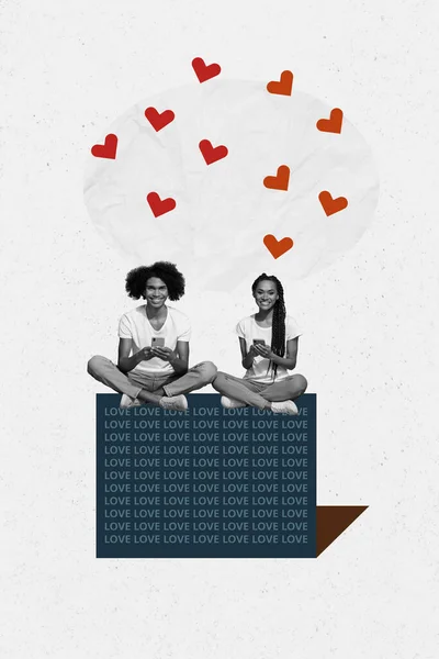 Kreative Skizzencollage Von Zwei Menschen Süßes Paar Online Chat Senden — Stockfoto