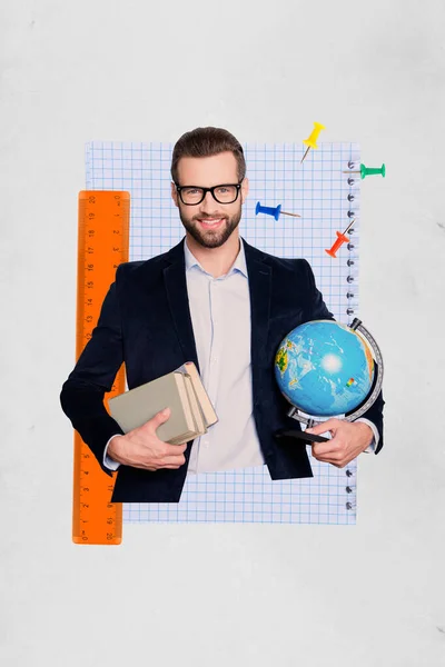 Vertical Collage Image Cheerful Teacher Man Checkered Copybook Page Hold — Stock Photo, Image