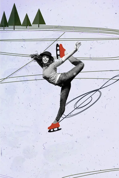 Vertical Collage Portrait Excited Black White Effect Girl Ice Skating — Stock Photo, Image
