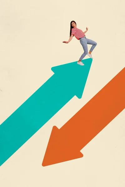 Collage Cartel Del Boceto Joven Pie Equilibrando Flecha Enorme Aislado —  Fotos de Stock