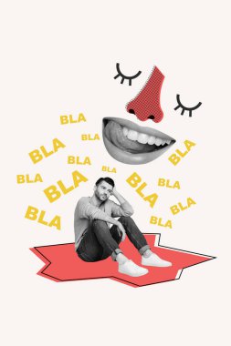 Vertical collage picture of black white colors mini unsatisfied moody guy big mouth tongue lick teeth drawing nose eyes chatting bla blah. clipart