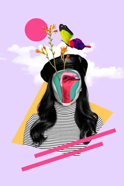 Collage Fotos Creativas Verticales Mujer Sin Rostro Boina Cabeza Persona —  Fotos de Stock