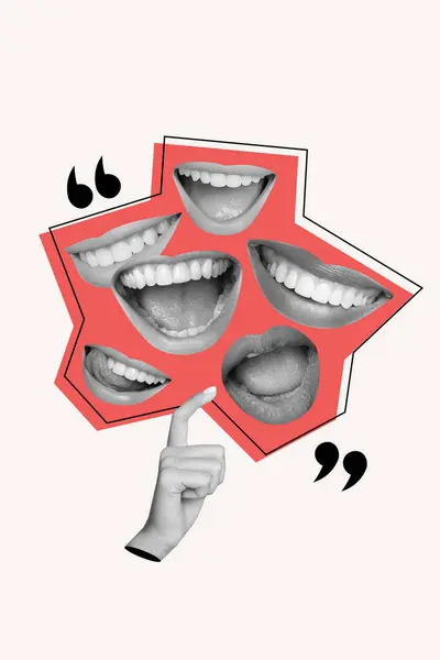 Vertical collage image of black white effect arm finger quote bubble talking mouth smile tongue lick teeth isolated on creative background.