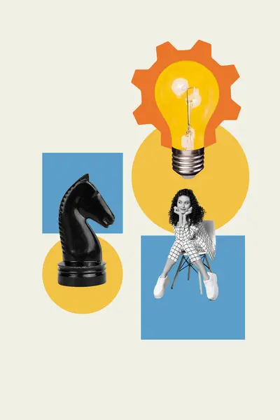 Collage Pinup Pop Retro Skizze Bild Des Denkens Nächsten Schachzug — Stockfoto