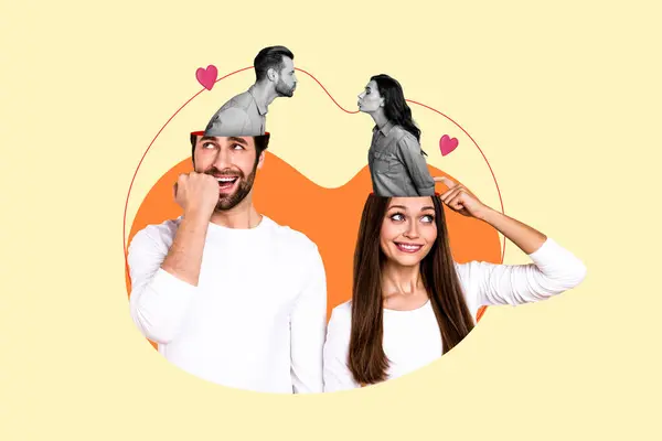 Artwork Magazine Collage Picture Funny Shy Couple Scaring Confessing Feelings — Stock Photo, Image