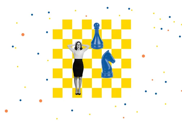 Plakát Koláž Obrázek Šokovaných Žen Hrát Hru Šachy Vítězství Soutěž — Stock fotografie