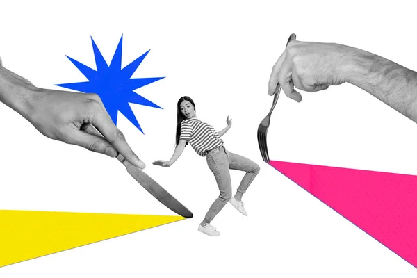 Kreative Collage Bild Von Arm Halten Messergabel Funky Mädchen Vermeidung — Stockfoto