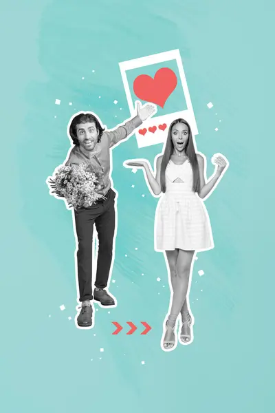 Postkarte Foto Collage Von Zwei Lustigen Glücklichen Menschen Romantische Date — Stockfoto