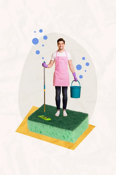 Creative abstract collage of young man stand sponge wash hold mop bucket housekeeping surrealism template metaphor artwork concept.