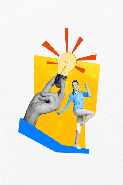 Kreativ Abstrakt Collage Unga Energiska Kvinnliga Lysande Idé Elektrisk Glödlampa — Stockfoto