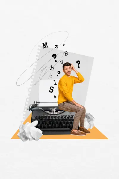 Collage Pinup Pop Retro Sketch Young Man Sit Typewriter Confused — Stock Photo, Image