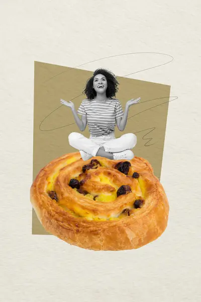 Collage pop retro sketch of funny surprised female sit cinnamon bun cooking eating food surrealism template metaphor artwork concept.
