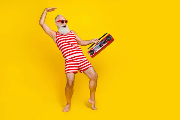 Full Size Photo Aged Man Happy Having Fun Listen Music — Stock Photo, Image