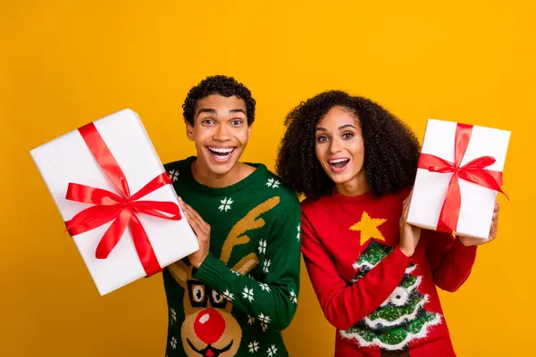 Portrait of astonished funky people toothy smile hands hold receive christmas giftbox isolated on yellow color background.