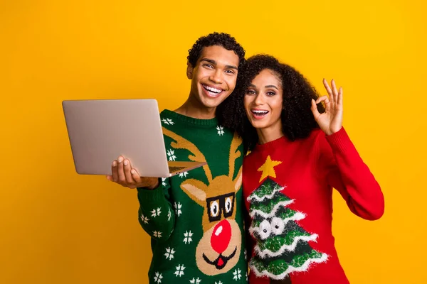Foto Dos Personas Americanas Divertidas Utilizan Netbook Navidad Tienda Línea —  Fotos de Stock