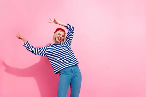 Photo Positive Adorable Lady Wear Striped Shirt Dancing Showing Signs — Stock Photo, Image