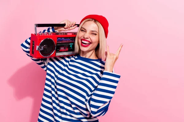 Photo Adorable Cool Lady Wear Striped Shirt Listening Boom Box — Stock Photo, Image