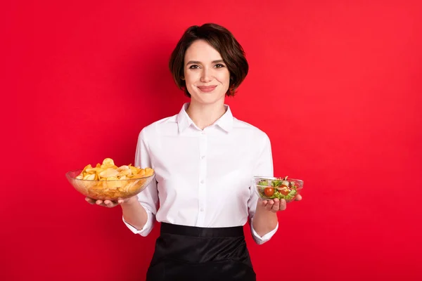 Photo Attractive Nice Young Woman Hold Hands Plate Chips Salad — Stock Photo, Image