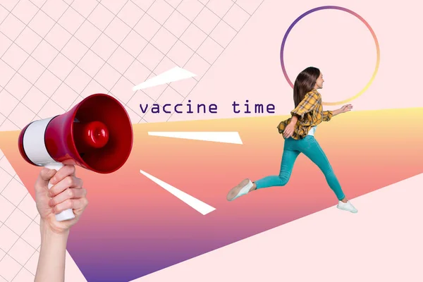 Artwork Magazine Collage Picture Hand Arm Rising Bullhorn Announcing Vaccination — Stock Photo, Image