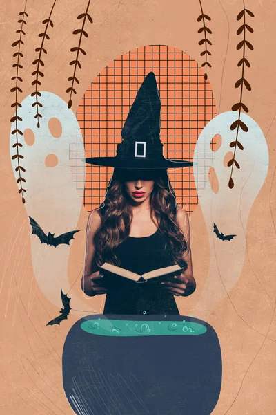 Vertical Composite Creative Photo Collage Gorgeous Witch Read Spell Book — Stock Photo, Image