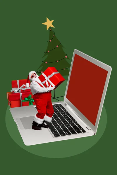 Vertikale Collage Von Funky Mini Großvater Weihnachtsmann Stehen Riesige Netbook — Stockfoto