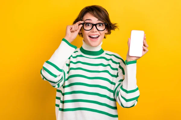 Photo Excited Pretty Lady Wear Striped Pullover Spectacles Showing Modern — Stock Photo, Image