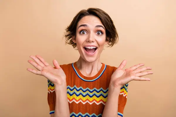 Portrait Impressed Positive Girl Raise Opened Arms Palms Cant Believe — Stock Photo, Image