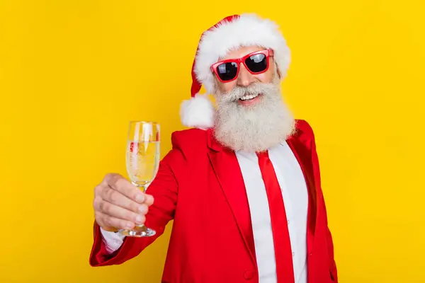 Portrait Positive Aged Man Arm Hold Champagne Glass Say Toast — Stock Photo, Image