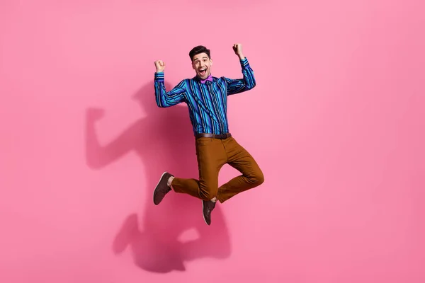 Full Length Photo Jumping Gentleman Fists Celebrating His Idea Attract — Stock Photo, Image