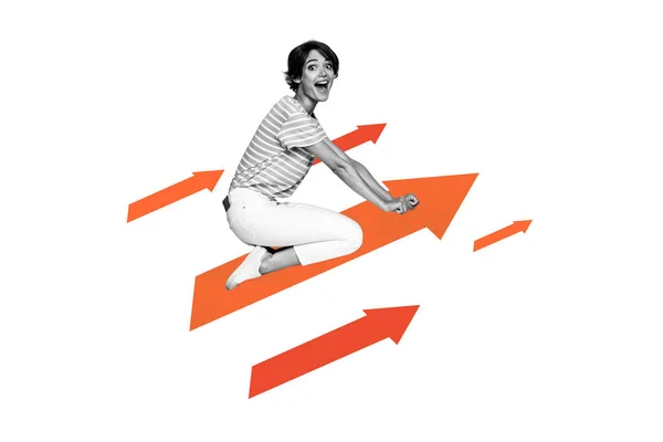 Collage Creativo Imagen Bandera Chica Emocionada Volando Flecha Que Dirige — Foto de Stock