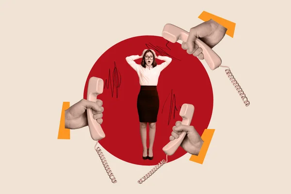 Creatieve Collage Beeld Van Verrast Vrouw Geschokt Vrouw Luisteren Klanten — Stockfoto