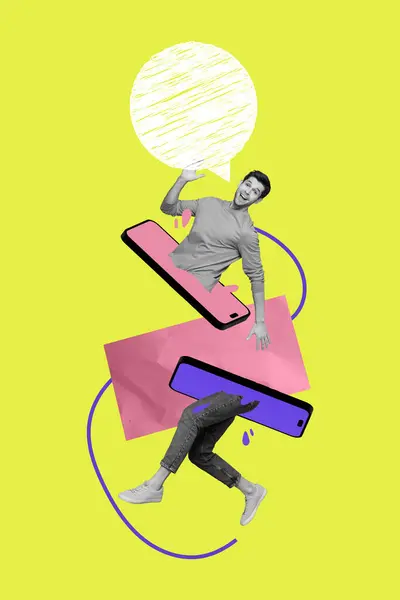 Vertical Collage Funky Young Guy Chatterbox Smartphone Touchscreen Psychedelic Picture — Stock Photo, Image
