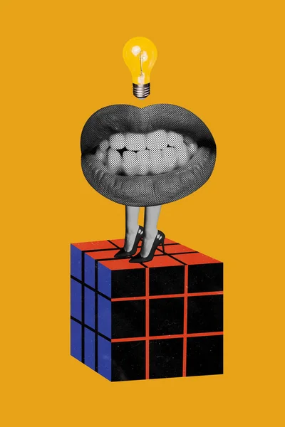 荒谬的无头女士 而不是结结巴巴的嘴停留在完整的拼图 Rubik立方体天才解决在橙色背景下孤立的Eureka — 图库照片