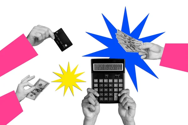 Imagine Colaj Culori Alb Negru Oamenii Dețin Bancnote Dolari Calculator — Fotografie, imagine de stoc