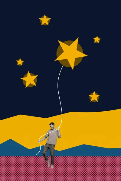 Creative drawing collage picture of little man hold string star make wish night sky career dream motivation fantasy imagination inspiration.