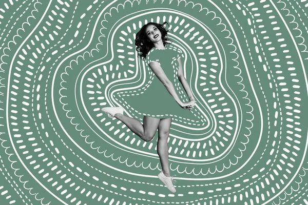 Creative poster collage of dancing lovely attractive young female green background ornament pattern surrealism doodle sketch drawing.
