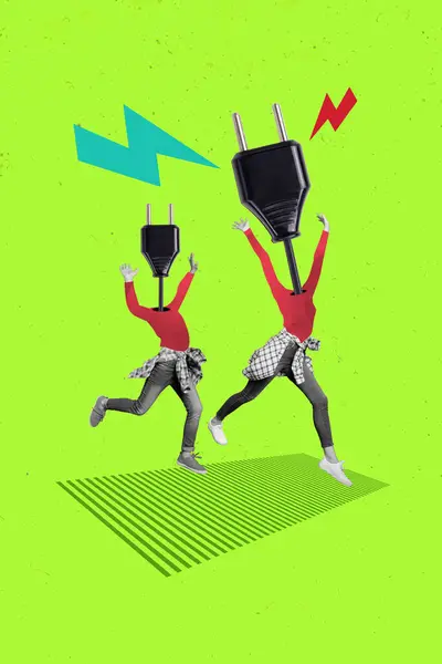 Conceptual Collage Photo Two Headless Characters Have Fun Engineers Electricity — Stock Photo, Image