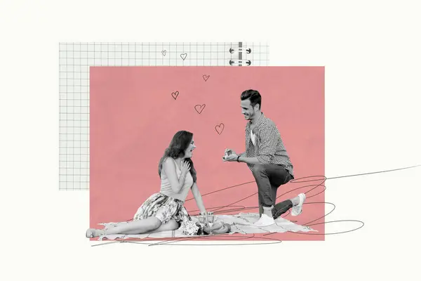 Abstract Creatief Kunstwerk Template Collage Van Positief Koppel Huwelijksaanzoek Dating — Stockfoto