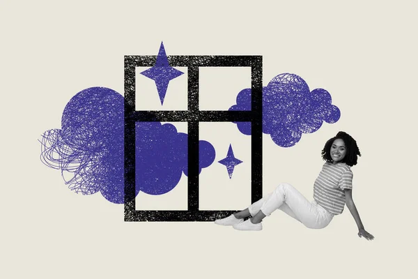 Creativo Cartel Collage Positivo Chica Joven Escalofriante Sentarse Ventana Nubes — Foto de Stock