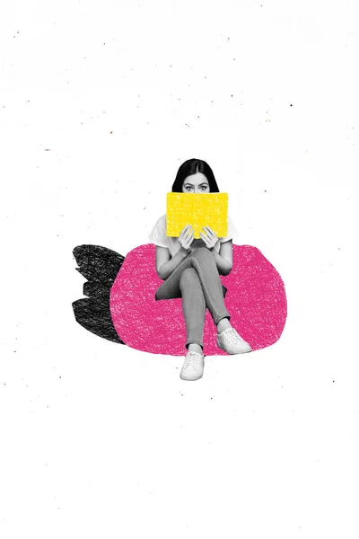 Collage Plantilla Abstracta Creativa Joven Mujer Sentarse Bolso Lectura Libro —  Fotos de Stock