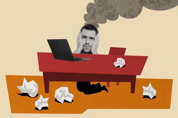 Collage Graphics Shocked Stressed Burning Head Guy Having Working Ideas — Stock Photo, Image