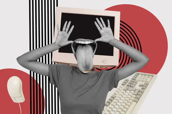 女性身体监测器的创造性绘图拼贴图片计算机显示舌头伸出欺诈手戏弄老旧的网上新闻社交媒体 — 图库照片