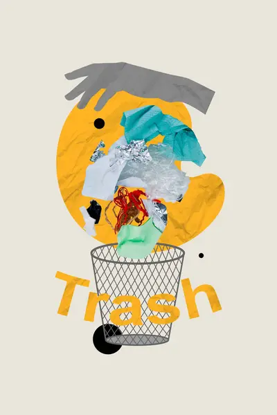 Vertical Creative Collage Image Hands Throw Trash Basket Pollution Microplastics — Stock Photo, Image