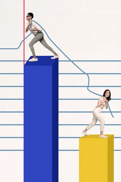 Ilustración Collage Compuesto Vertical Dos Chicas Oponentes Tirando Compañía Cuerda —  Fotos de Stock