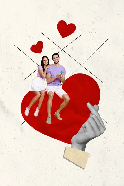Collage Pinup Pop Retro Sketch Positive Couple Sit Heart Love — Stock Photo, Image