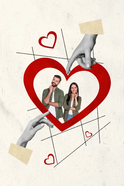 积极情侣指尖相框的创意拼贴图片想想约会的概念情人节奇幻广告牌Zine — 图库照片