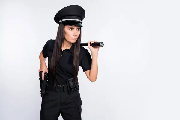 Photo Charming Suspicious Young Police Lady Wear Black Uniform Cap — Stock Photo, Image
