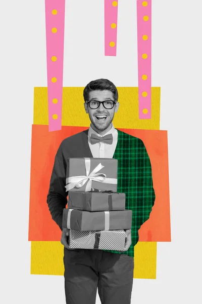 Collage Retro Sketch Image Excited Smiling Guy Holding Big Mas — Stock Photo, Image